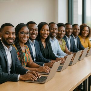 Smiling coworkers sitting side by side at a long desk with computers