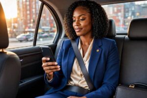 image of Ghanaian business person holding a phone and about to click on an app. They are in the backseat of a car with their sealt belt on.