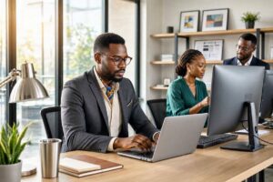 image of Ghanaian business person sitting at their desk, working at their compter, in a modern office surrounded by 1-2 others in the background. there is a ghanaian coworker at their desk looking at their screen and talking to their co worker.