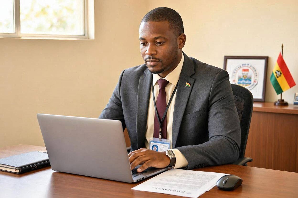 image of Ghanaian male government worker working at desk with a laptop and little or no papers on desk