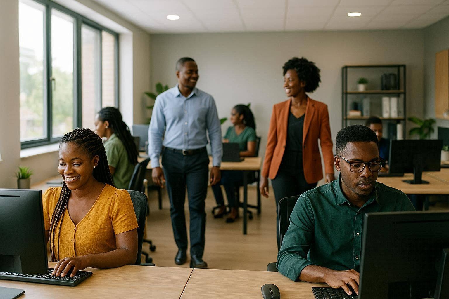 image of Ghanaians working in a modern office in Ghana with some working on computers on desktops and some walking around