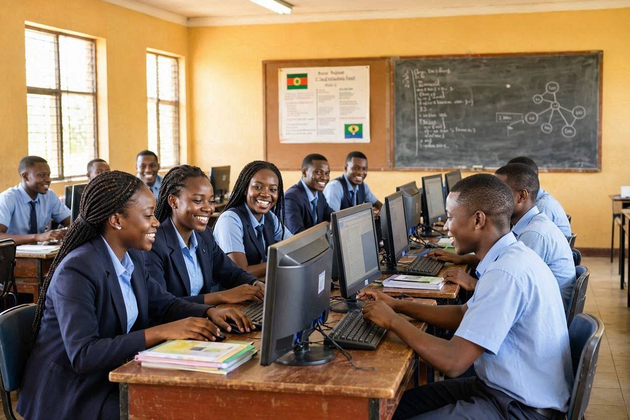 image of an Ghanaian class room of male and female high school students learning on computers and smiling