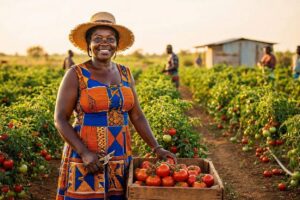 image of an Ghanaian farm owner in a field of tomatoes with workers in background
